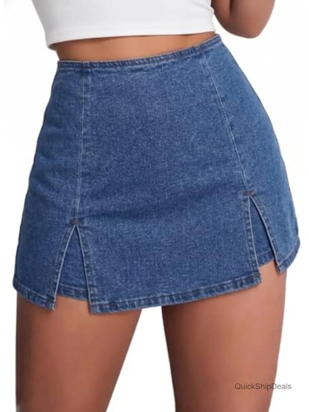 Women's Double Slit Denim Skort Bodycon Mini Jean Skirt High Waisted